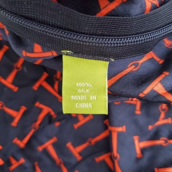 Elizabeth McKay Silk Ruffle Blouse Navy/Red Equestrian Chic T-Bar Print Top Sz 6 - Picture 12 of 13